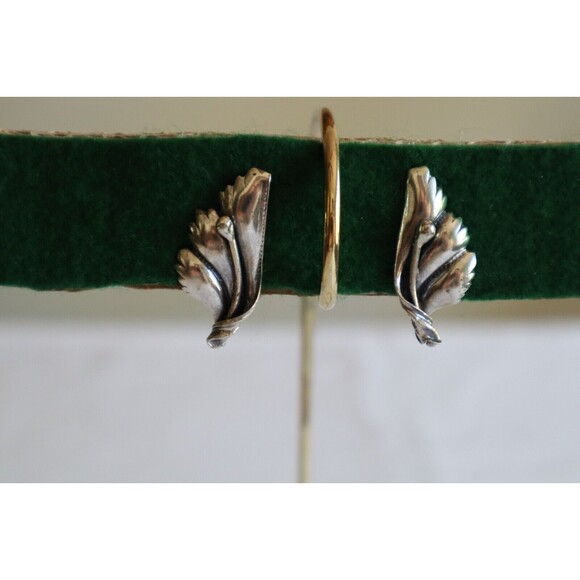 Vintage Sterling Silver Leaf Flower Petal Swirl Screw Back Earrings 1.25" - Picture 3 of 10